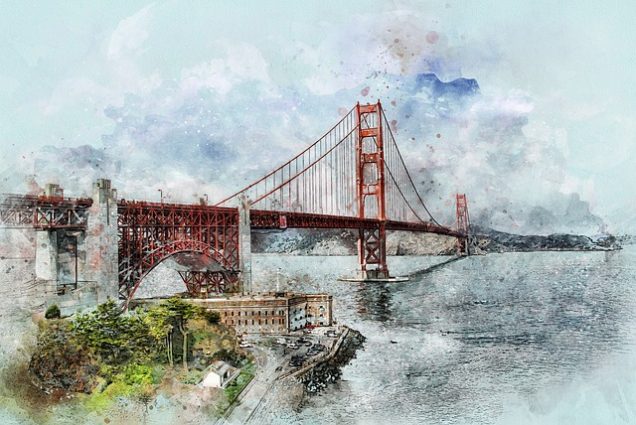 Grove Parkview Apartments in Stone Mountain A watercolor painting of the golden gate bridge in San Francisco, California.