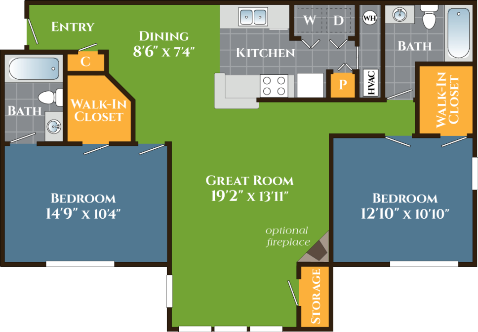 Grove Parkview Apartments in Stone Mountain A floor plan showcasing the layout of a Two Bedroom Apartment.