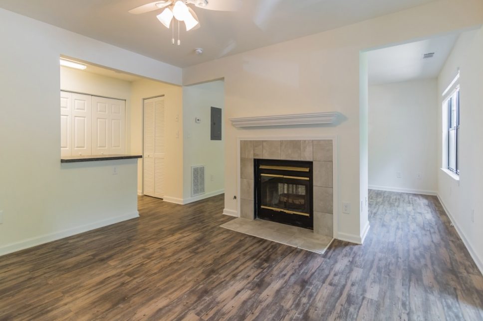 Grove Parkview Apartments in Stone Mountain Apartment Rental: A spacious living room in impeccable condition, featuring gleaming hardwood floors and a welcoming fireplace.