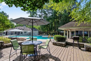 Apartments for rent in Stone Mountain, GA - Outdoor Grilling Area with Tables and View to Pool               