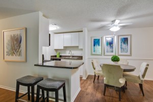 One bedroom apartments for rent in Stone Mountain, GA - Model Dining Room and Kitchen with Breakfast Bar      